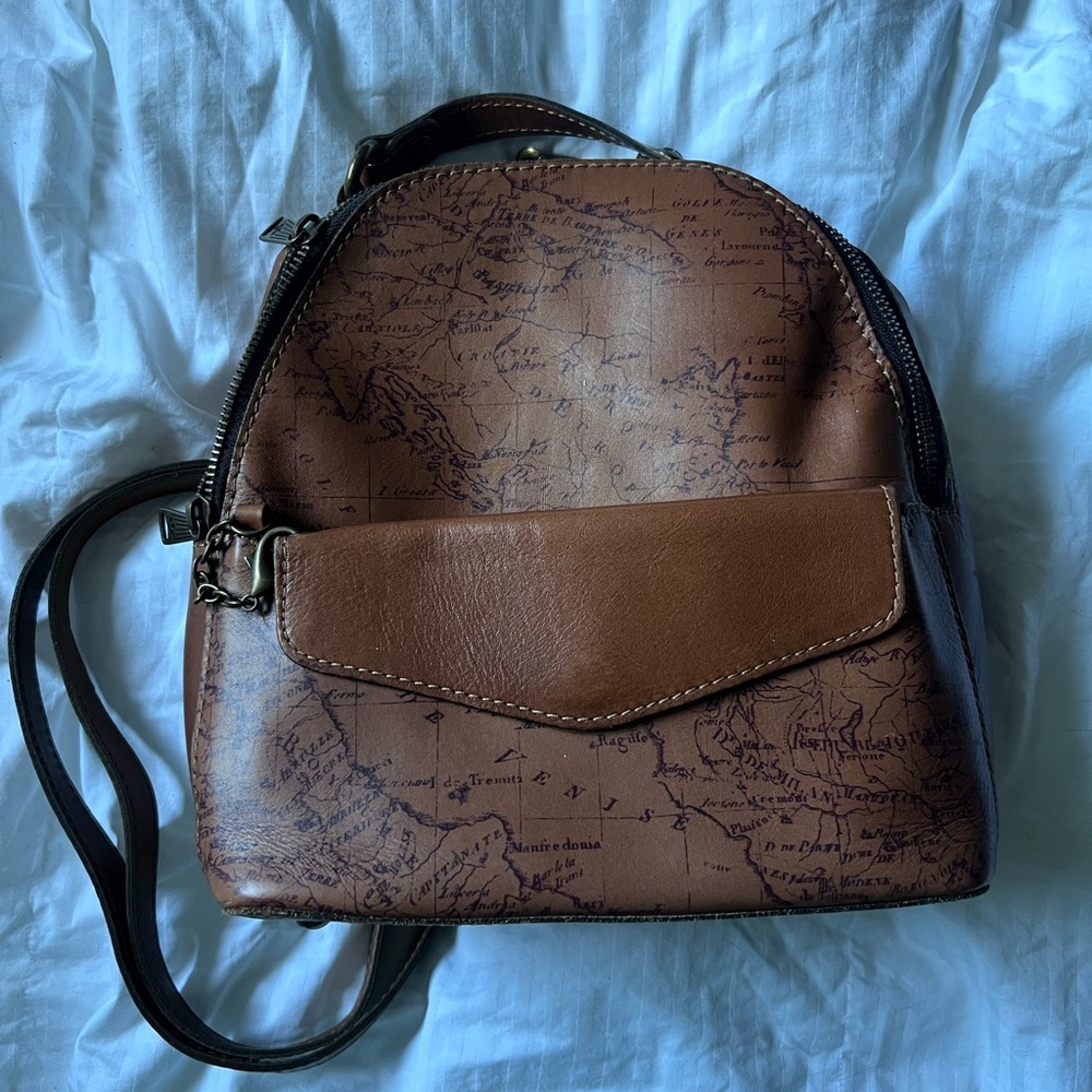 Patricia Nash Brown Map-Print Leather Backpack